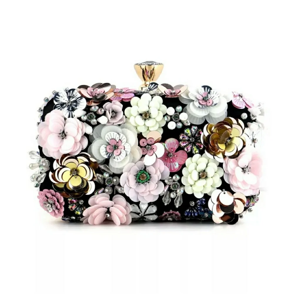 Women's Evening Bag Flower Party Prom Clutch Purse Floral Bride Black Handbag